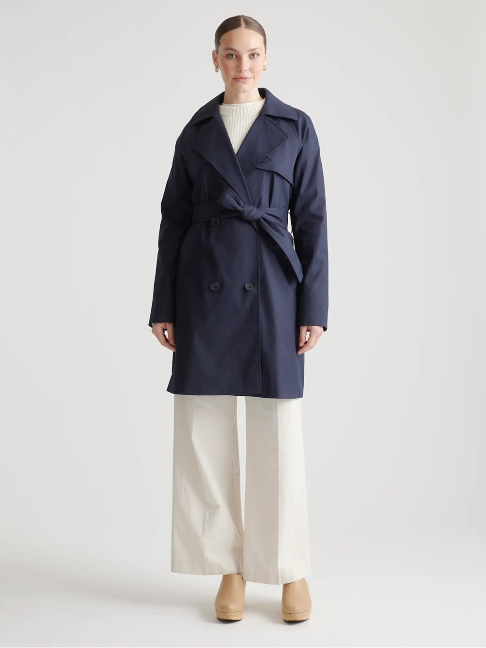 Quince Comfort Stretch Trench Coat Navy Womens Small New Belted Water Resistant